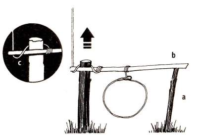 Направьте внимание, как «спусковой» участок веревки укрепляет один конец рычага петли (Ь), в то время как 2-ой его конец лежит на подпорке (а). «Спусковой» участок веревки располагайте около самого конца рычага петли.