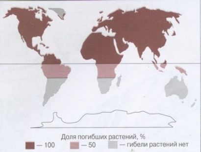 Поражение растений при \"ядерной зиме\" : 1 - гибель 100%, 2 - 50%, 3 - гибели нет.